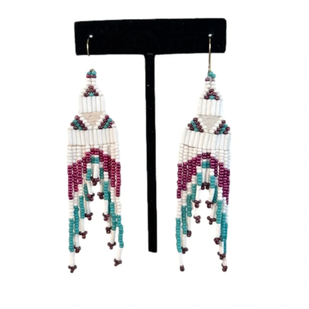 Hand Made 4” Fringe Dangle Beaded Earrings - Picture 1 of 7